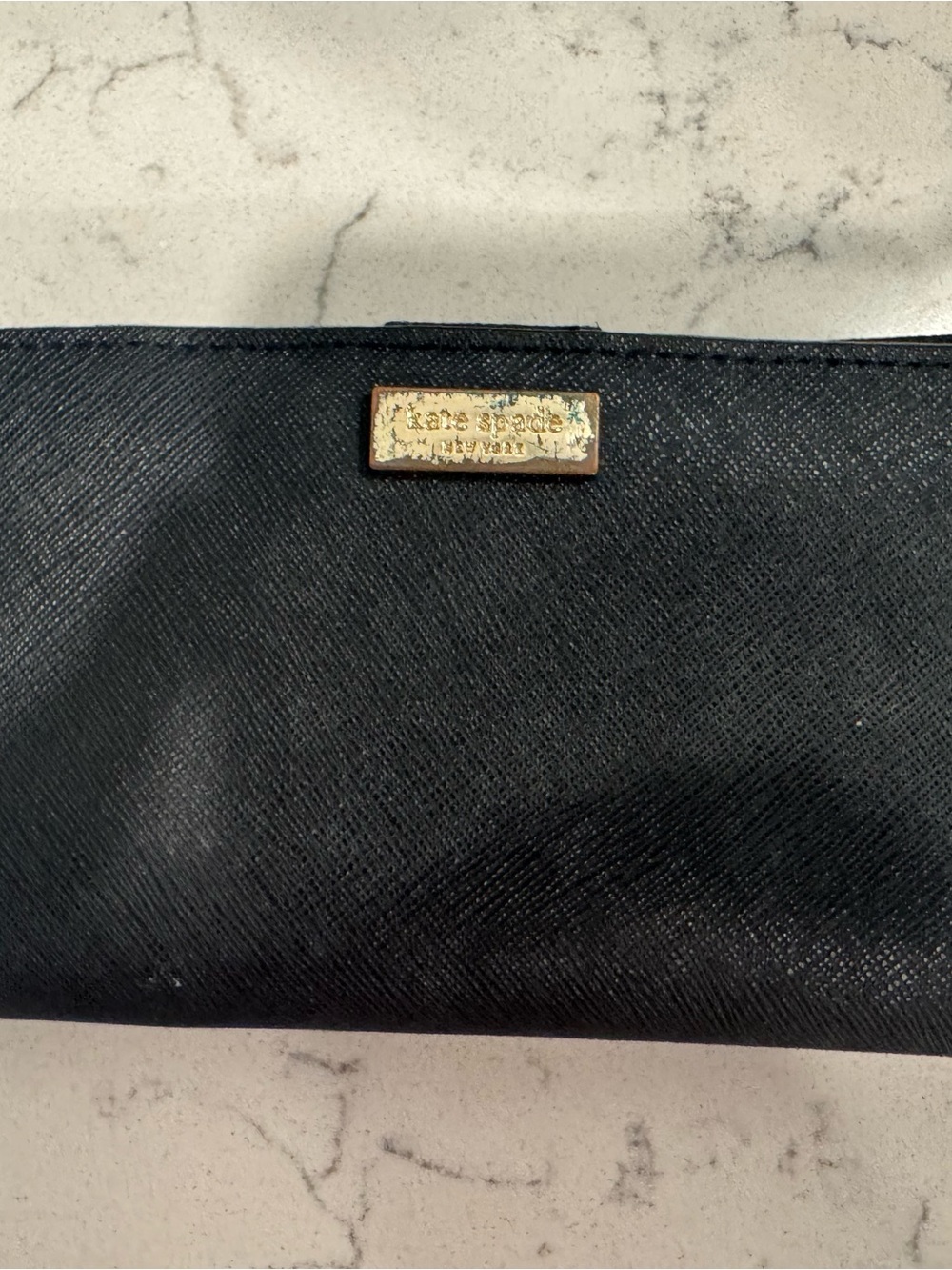 kate spade black saffiano clutch wallet with gold logo